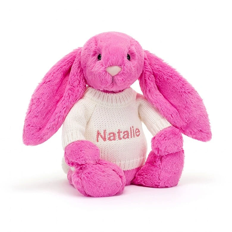 Bashful Hot Pink Bunny With Personalised Cream Jumper 1 Bashful Hot Pink Bunny With Personalised Cream Jumper