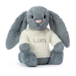 Bashful Dusky Blue Bunny With Personalised Cream Jumper