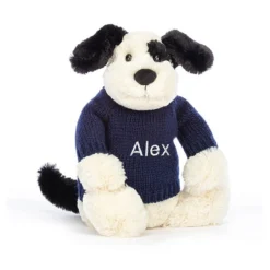 Bashful Black & Cream Puppy With Personalised Navy Jumper
