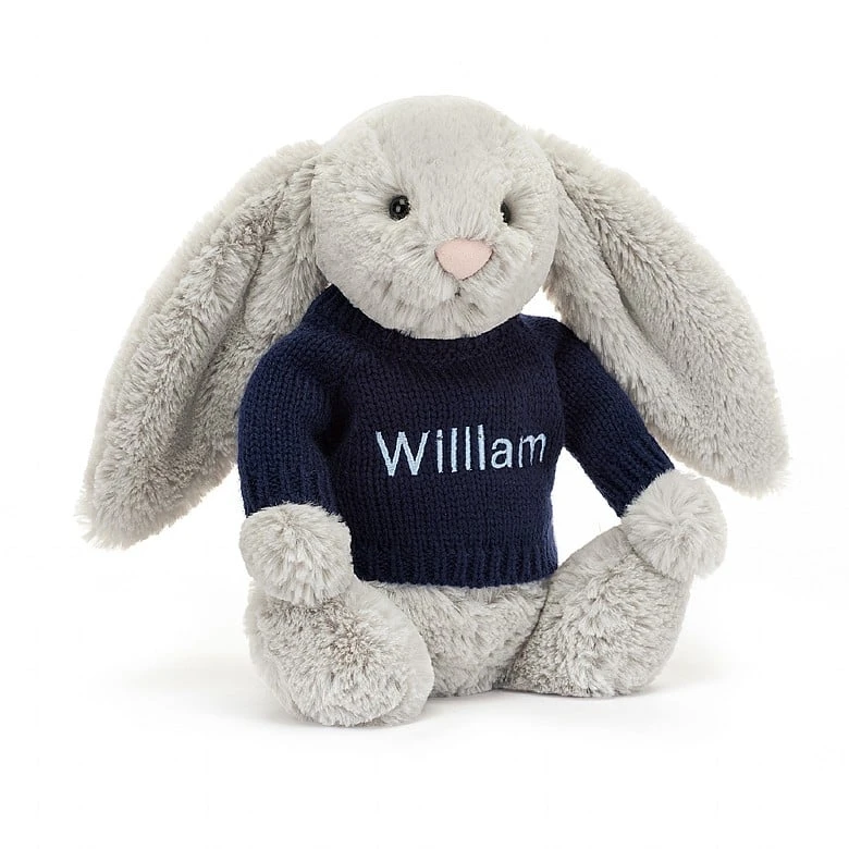 Bashful Silver Bunny With Personalised Navy Jumper 1 Bashful Silver Bunny With Personalised Navy Jumper