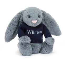 Bashful Dusky Blue Bunny With Personalised Navy Jumper