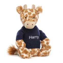 Bashful Giraffe With Personalised Navy Jumper