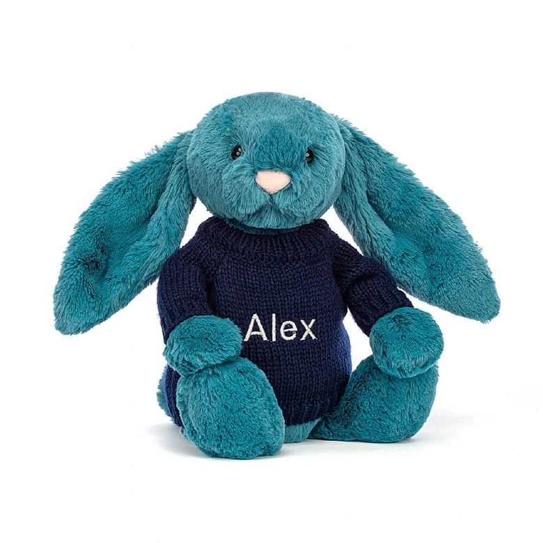 Bashful Mineral Blue Bunny With Personalised Navy Jumper 1 Bashful Mineral Blue Bunny With Personalised Navy Jumper