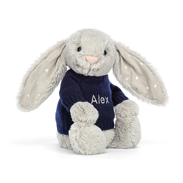 Bashful Shimmer Bunny With Personalised Navy Jumper 1 Bashful Shimmer Bunny With Personalised Navy Jumper