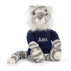 Bashful Snow Tiger With Personalised Navy Jumper