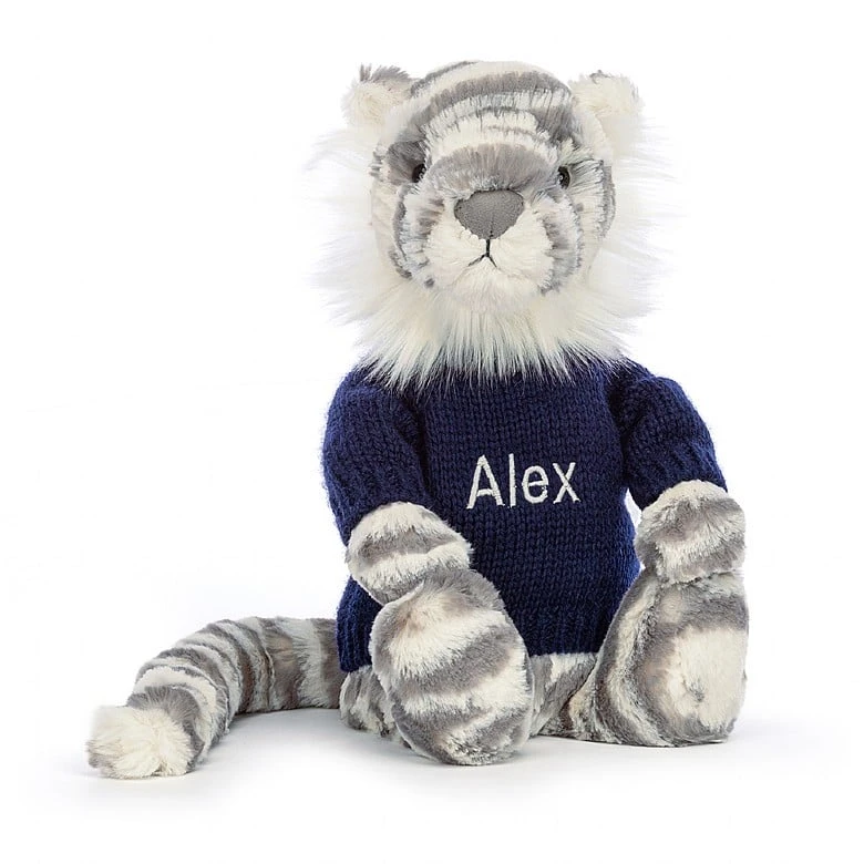 Bashful Snow Tiger With Personalised Navy Jumper 1 Bashful Snow Tiger With Personalised Navy Jumper