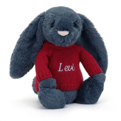 Bashful Navy Bunny With Personalised Red Jumper