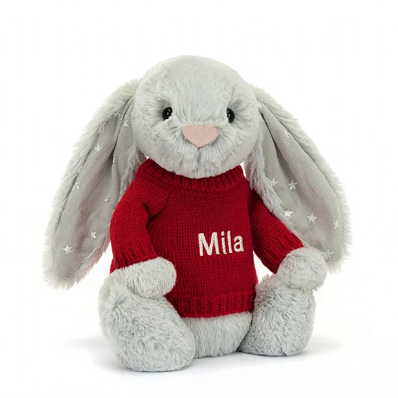 Bashful Shimmer Bunny With Personalised Red Jumper 1 Bashful Shimmer Bunny With Personalised Red Jumper