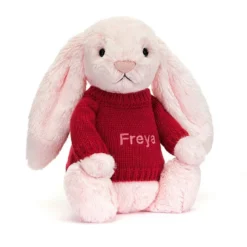 Bashful Pink Bunny With Personalised Red Jumper